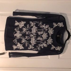 INC, new top. Navy with silver embroidery, fitted, sheer sleeves